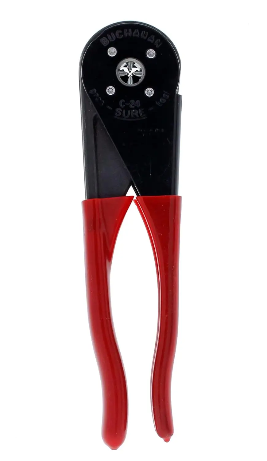 

Spring-Loaded Four-Way Crimp Tool with Fingertip Adjustment for Two Connector Sizes