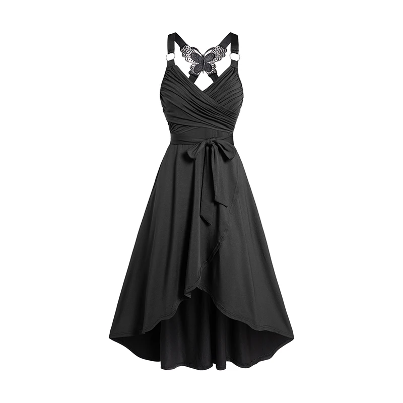 

2024 Womens Gothic Dresses Crossover Dress Self Belted Bowknot Tied Butterfly Lace High Waisted A Line Midi Dress Black Dresses