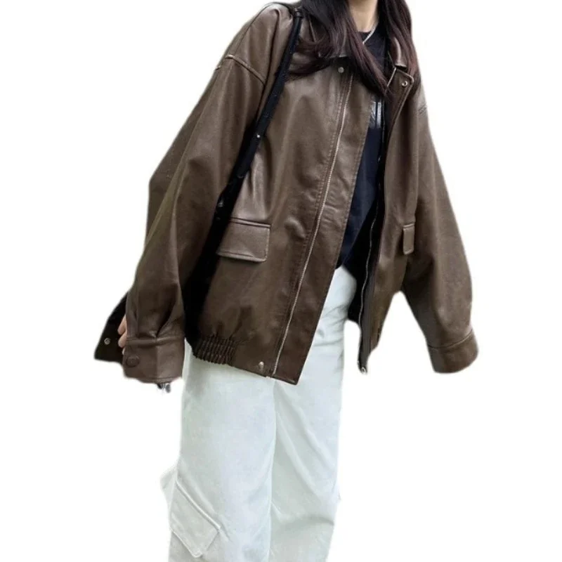 سترة جلدية نسائية لخريف وشتاء 2025 قاطرة نسائية جديدة بنية ريترو راقية #5
