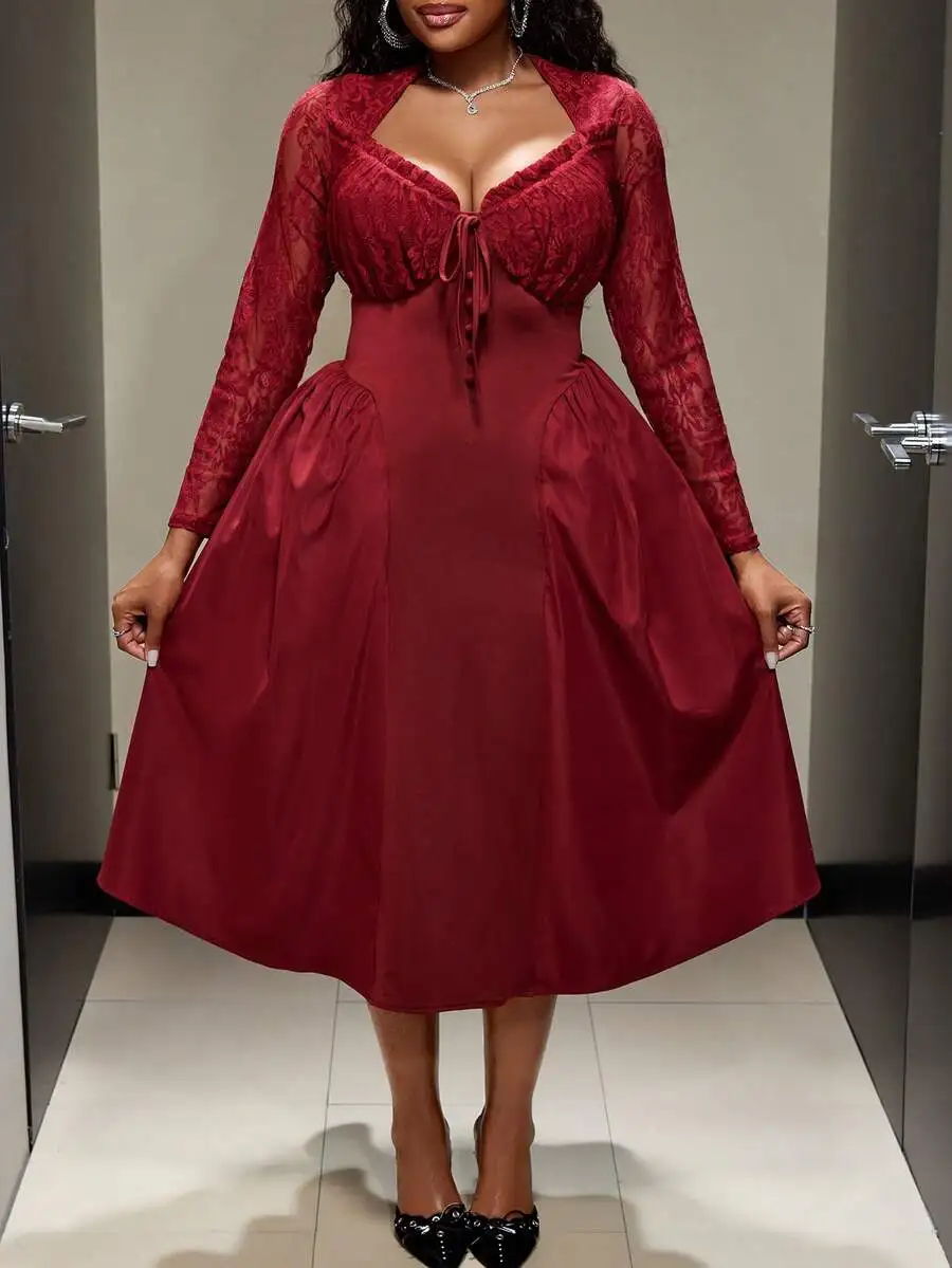 Plus Size Women Elegant A-Line Dress With Lace Details Sweetheart Neckline Long Sleeve view 4
