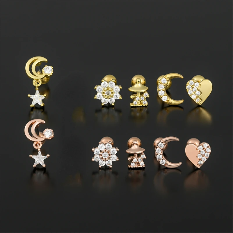 One Piece Zirconia Moon Star Heart Piercing Screw Stud Earrings for Women Girls Fashion Jewelry Summer Sweet Fancy Party