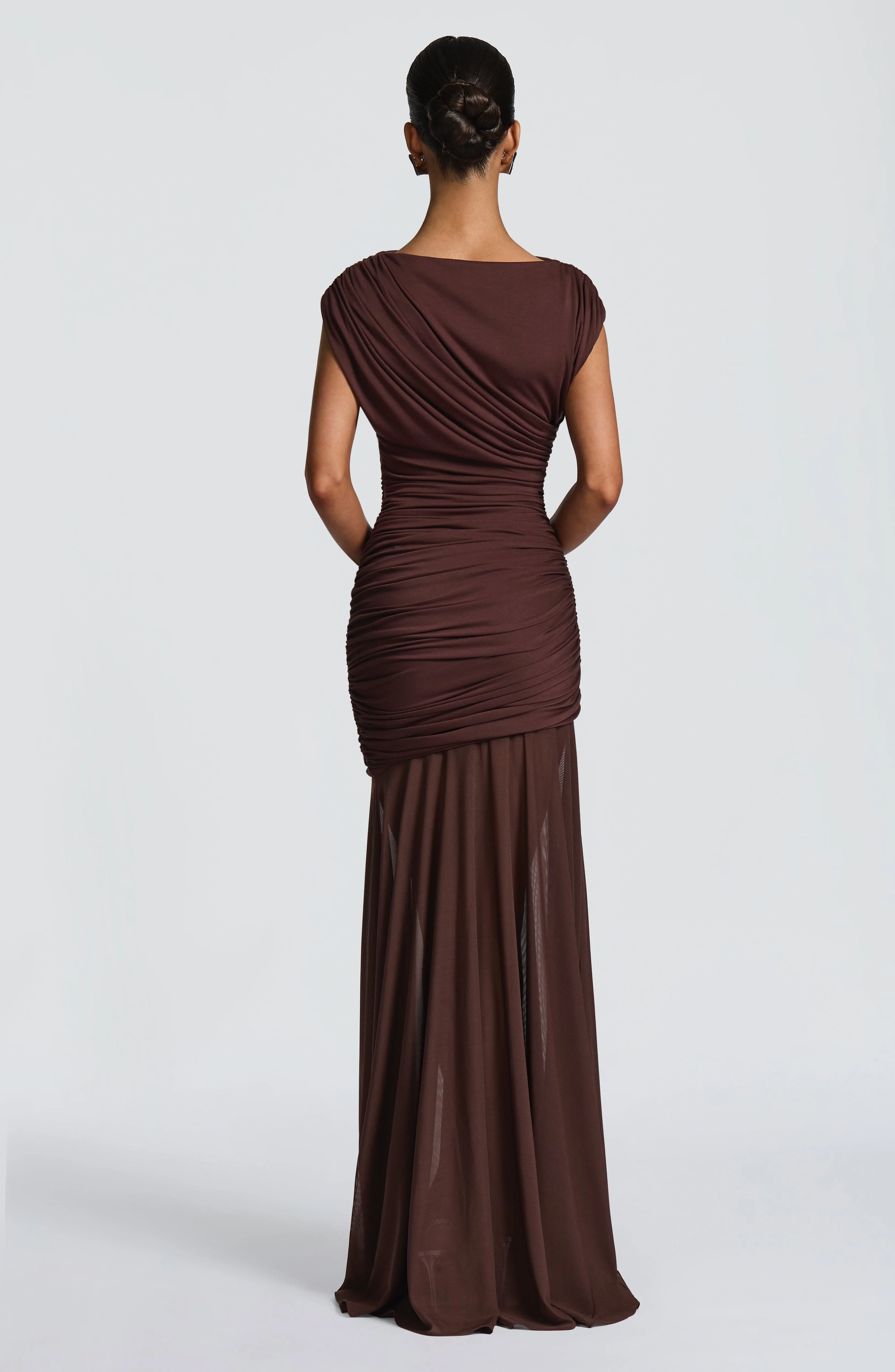 Draped Shoulder Mesh Maxi Dress Ruched Waist Sheer Elegant Mermaid Long Gown Wedding Guest Evening Prom Cocktail Dresses