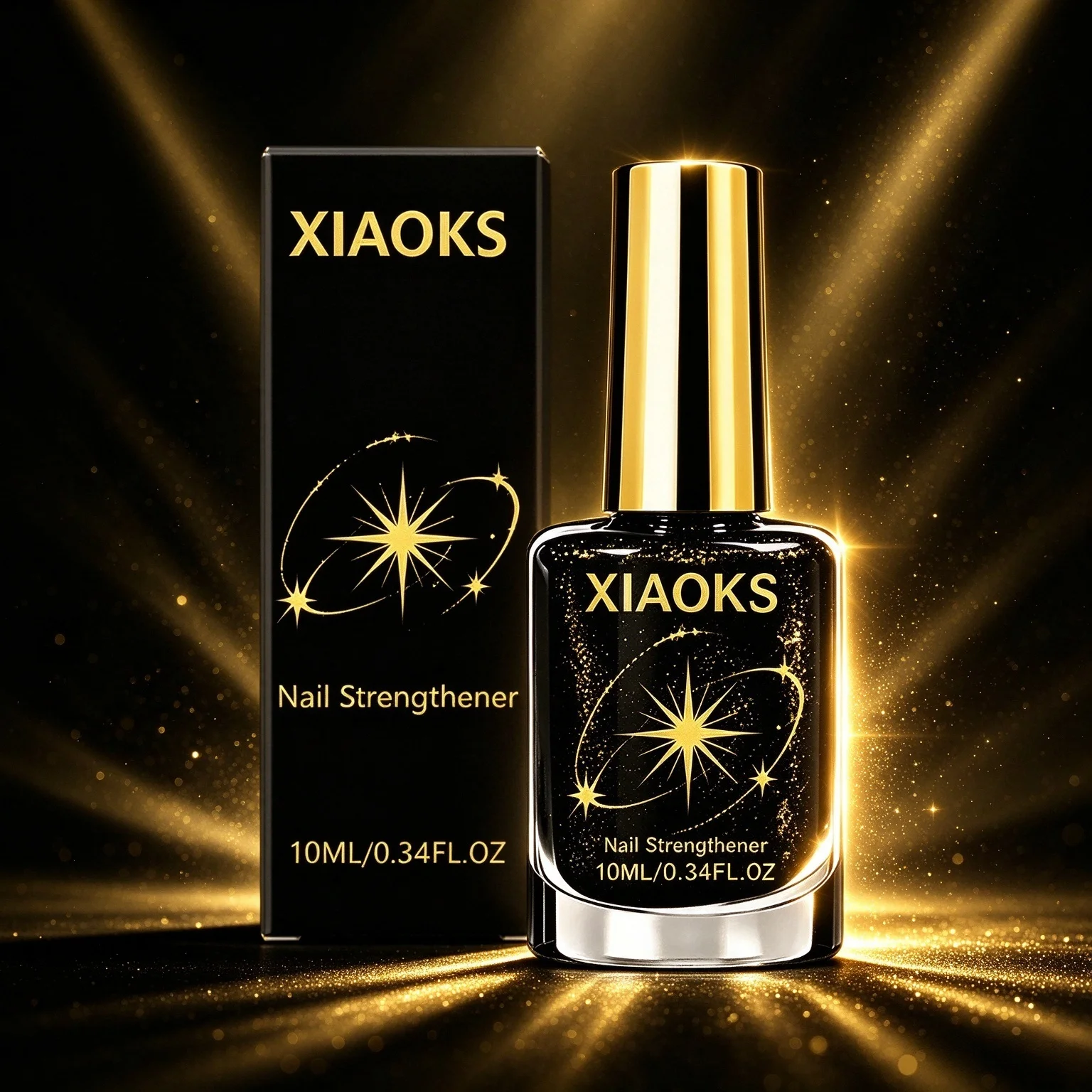 Xiaoks Black Gold Starburst Nail Polish, Cool Black Base with Golden Starburst Glitter, Rich Color in a Single Stroke, Creates a High-End Nightglow Nail Surface, Floating Gold Powder Star Track Design, Glitter Evenly Distributed, Naturally Air-Dries, a Perfect Item for Party and Evening Ambiance, Glitter Evenly Distributed, Does Not Clump, Forms a Strong and Visible Nail Surface with a Single Swipe, Suitable for DIY Nail Art at Home, Can Be Used for Personal Use or as a Holiday Gift.