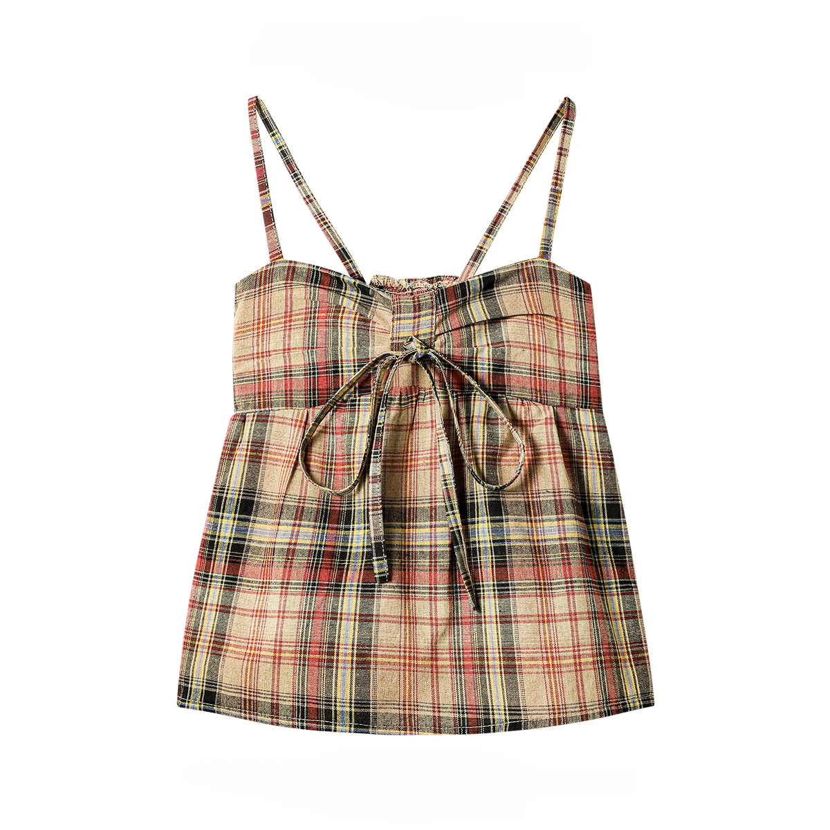 Hot Girl Retro Contrast Color Plaid Bow Lace-up Camisole Women's Summer New Style Beautiful Back Slimming Short Suspender Tops