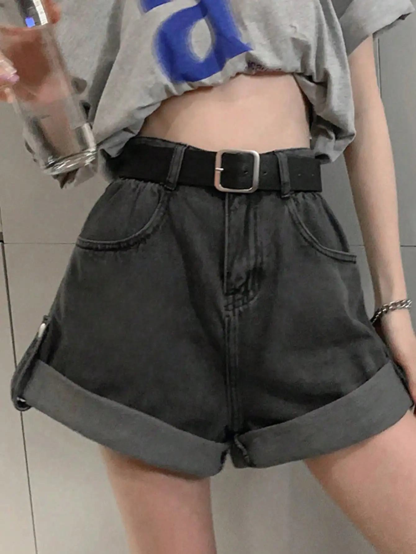 Korean Chic Summer Hong Kong Style Casual Versatile Curled Denim Hot Pants Small Fashion High Waist Wide Leg Shorts for Women