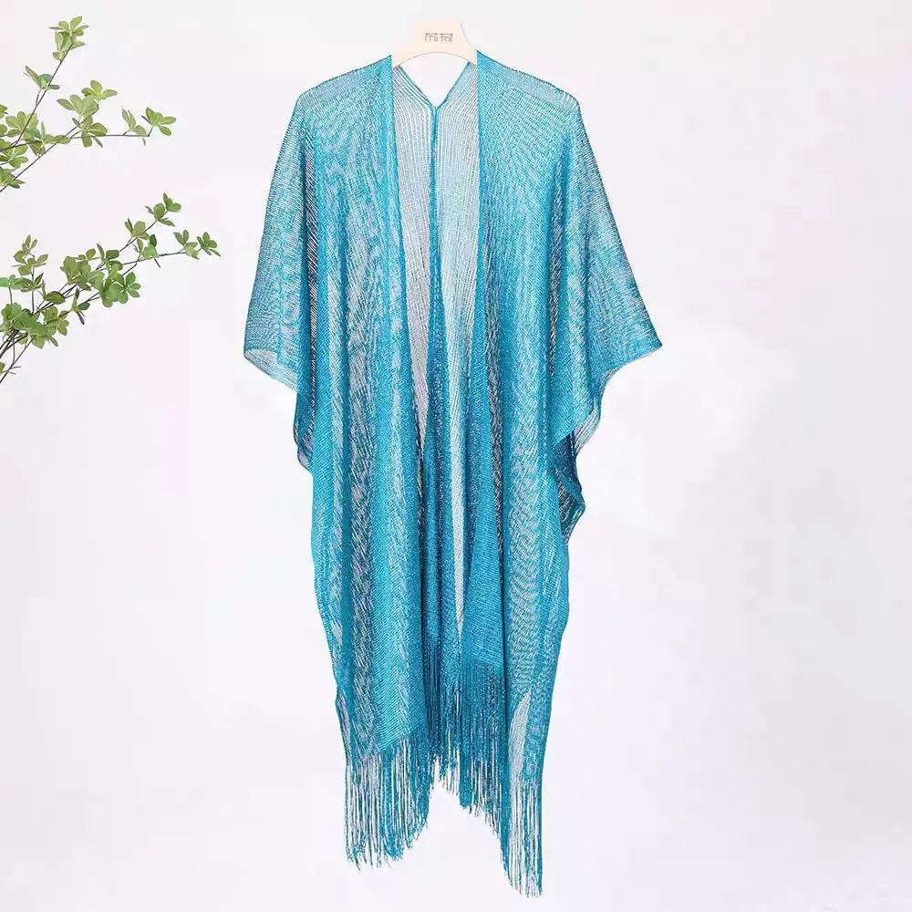 

Женская шаль с золотой нитью и разрезом - тонкое вечернее платье-накидка с ажурным дизайном и кисточками - солнцезащитный шарф для вечеринок