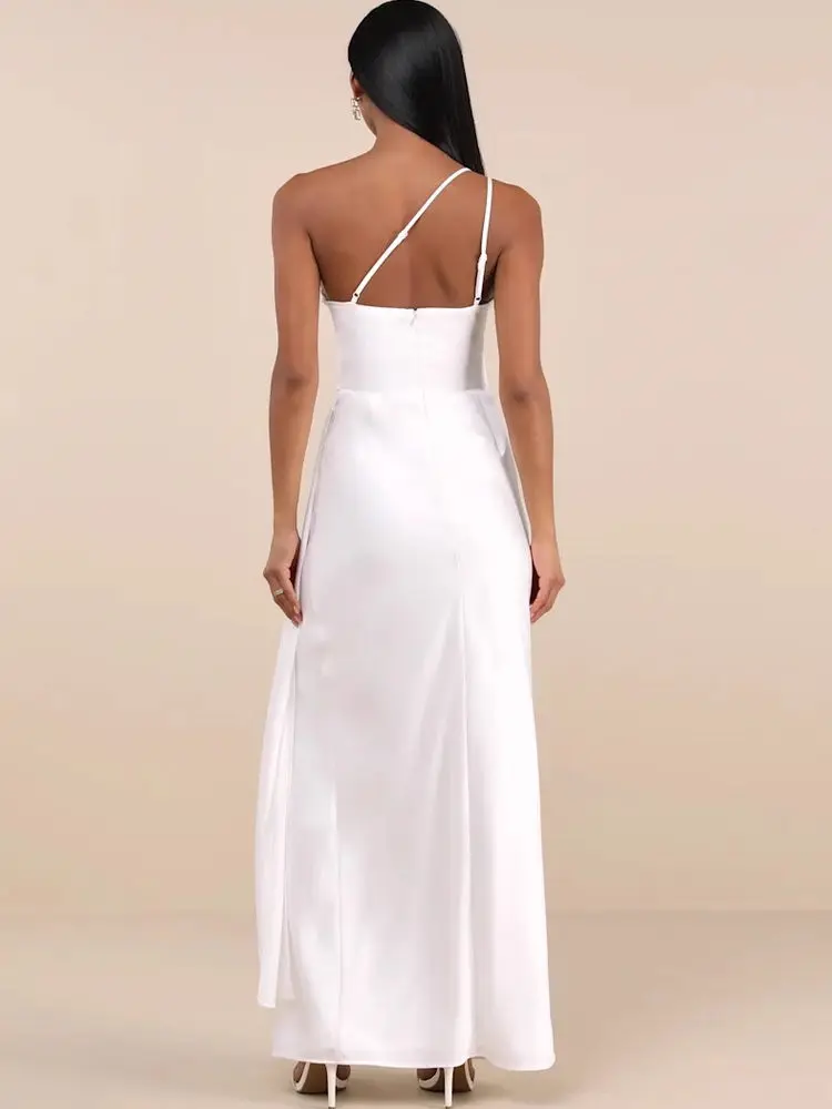 Ele Slim Fit Satijnen Lange Dr met Split Enkele schouder Ontwerp Gladde Dra Sle Hoge Taille Fee Rok voor de zomer