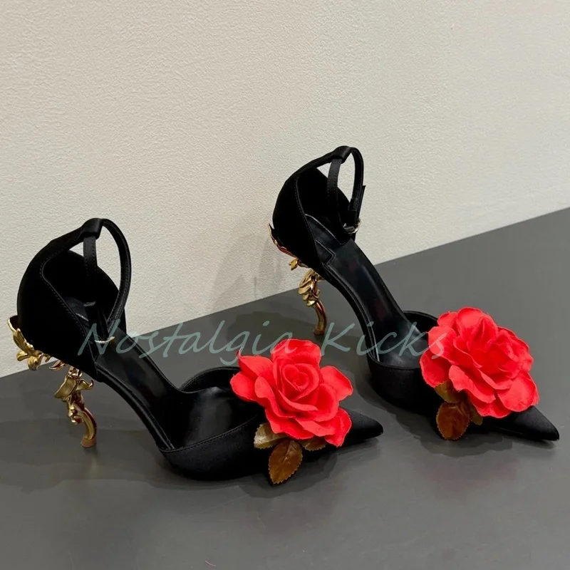 

Metal Shaped Heel Red Rose Sandals Elegant Pointed Toe Flower Design Buckle Sexy Dress Shoes Wedding Luxury Women's Pumps