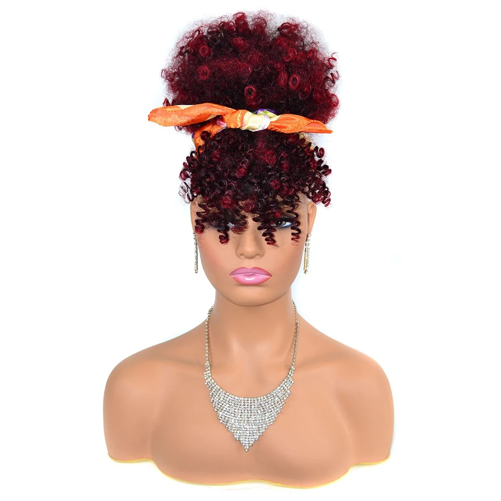 Afro Puff Updo Hair Drawstring Ponytail with Bangs Black Kinky Curly Hair Bun