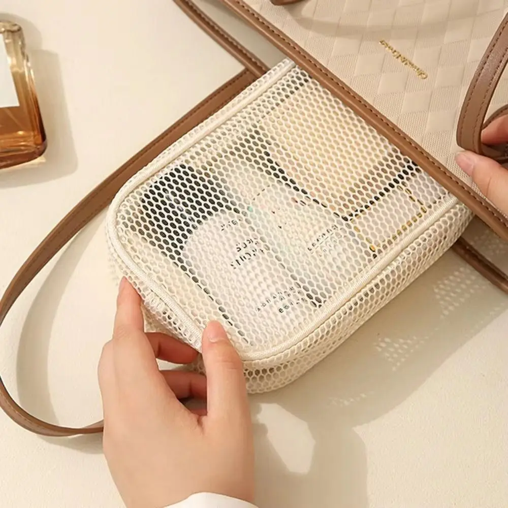 Large Capacity Mesh Cosmetic Bag Breathable Mesh Hand-Held Travel Makeup Organizer Transparent Smooth Zipper Wash Bags