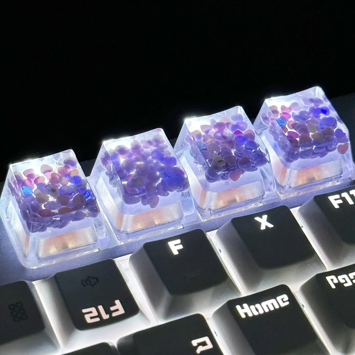 Translucent Love Sequins Keycaps com Acessórios, Teclado Mecânico, Eixo Cruzado, Novo, Mais Vendido, 4Pcs