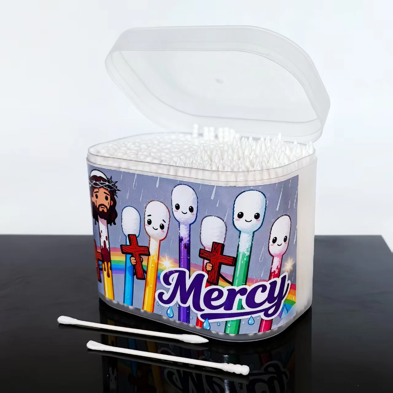 600개 종교적 예수 테마 양면 면봉, '종교의 빛' 얇은 샤프트 면봉, 가정용 면봉