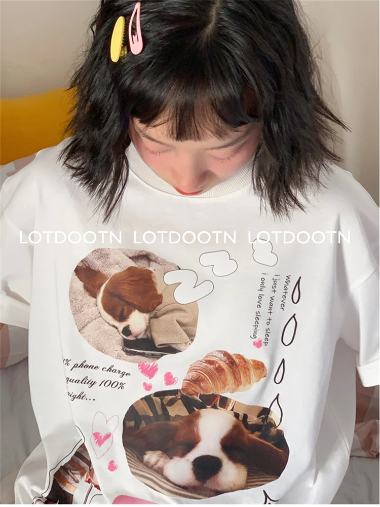 LOTDOOTN Y2K Animal T-Shirt Fashion Females Summer Lovely Puppy Printed T-shirt Women High Street Tops Loose Casual Cotton Tees