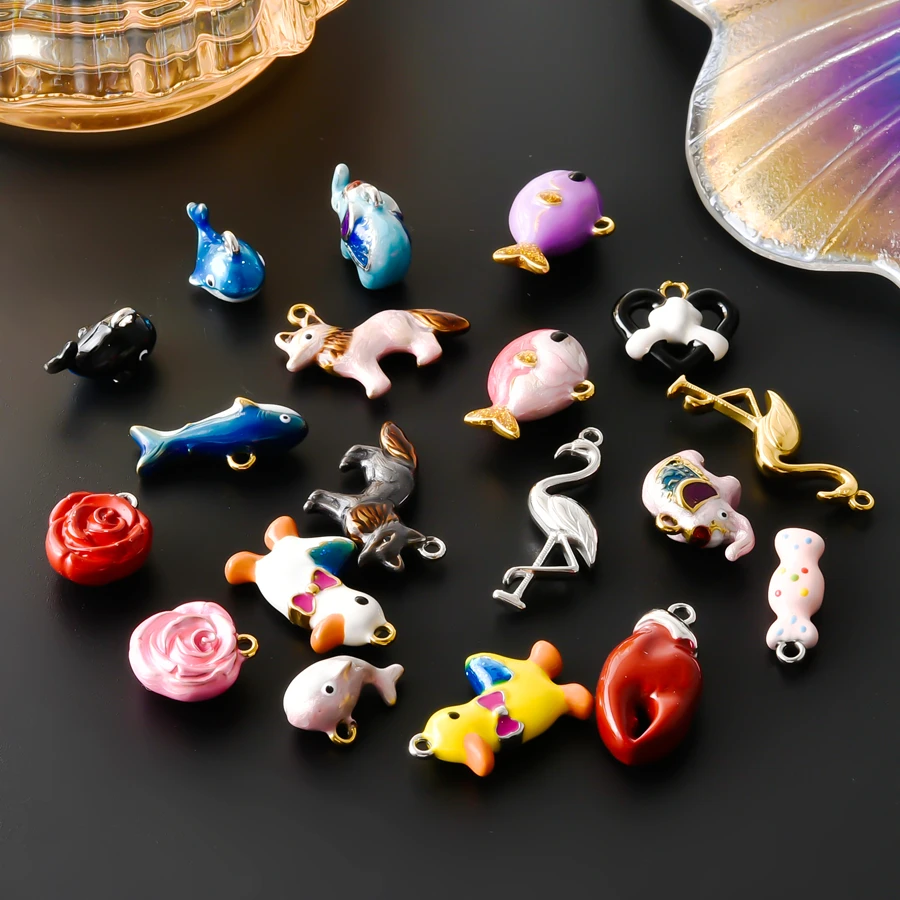 7Pcs Colorful Animal Elephant Flamingo Crab Claw Fox DIY Stainless Steel Rose Horned Bag Pendant Making Jewelry Earring Charms