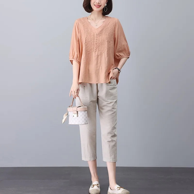 Baumwoll-Leinen-Set für Damen, Sommer, 2024, Faion, locker, Übergröße, Leinen, kleine Mutter, trendiges Anti-Aging-Zweiteiler-Set, lässiges Sle Pure...