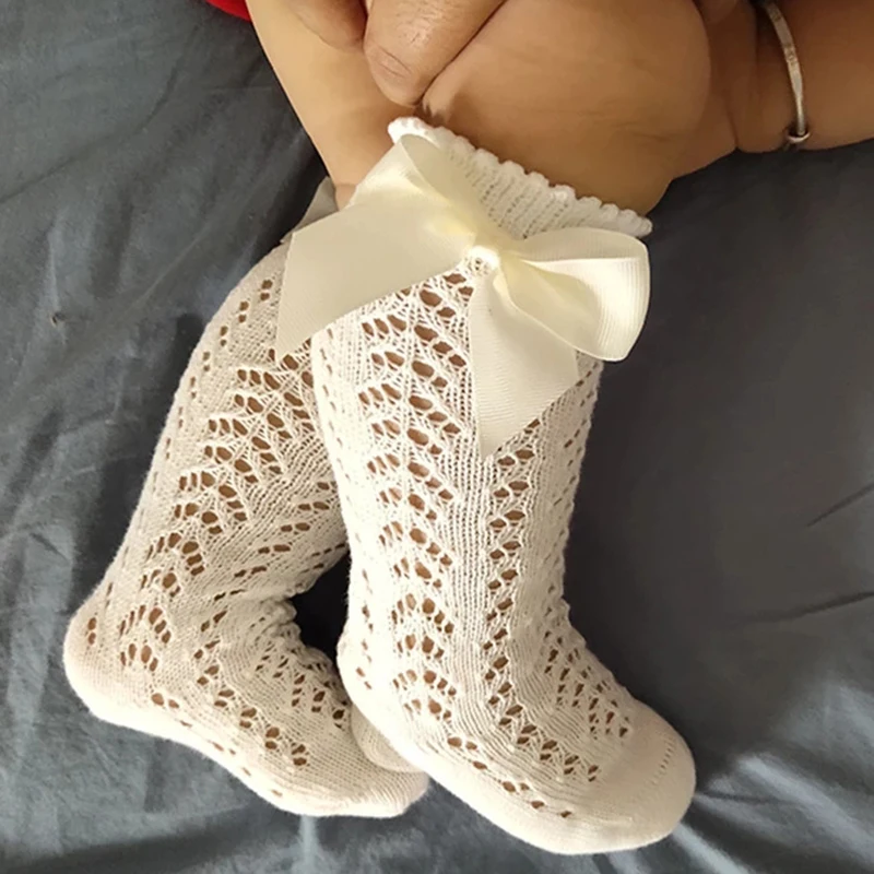 Calcetines de rejilla hasta la rodilla con lazo para niños y niñas, medias de tubo ahuecadas, estilo real, de 0 a 4 años