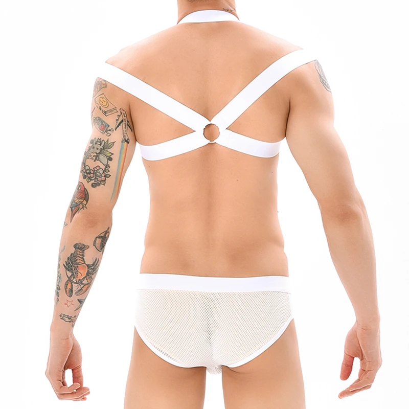 Sexy Harness with Fishnet Briefs Male Bondage Mesh O Ring Halter See-through Underwear Erotic Fetish Costumes Gay Lingerie Sets