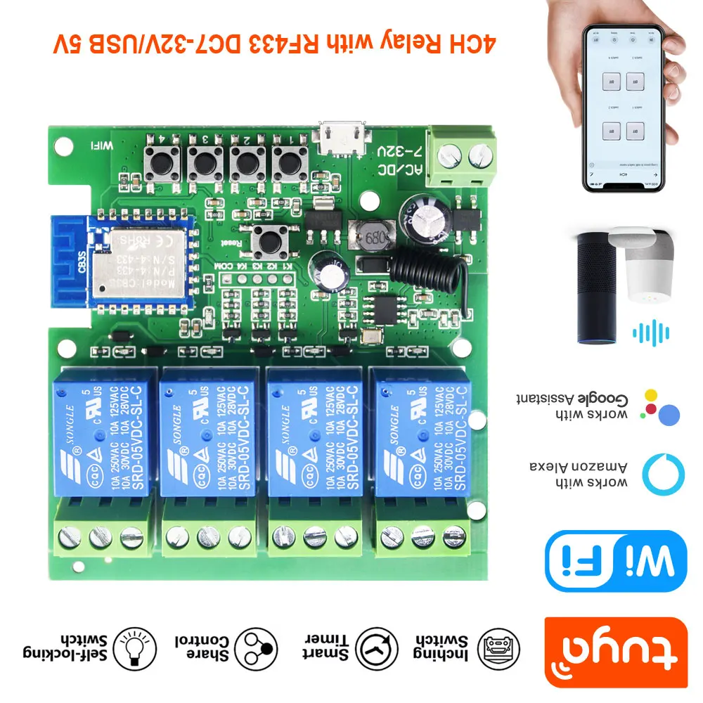 Inching/Selflocking/Interlock DC7-32V   Smart Wireless Connectivity Smart Door Open Relay 4CH Relay Module RF433 PST-TYWB-4CH
