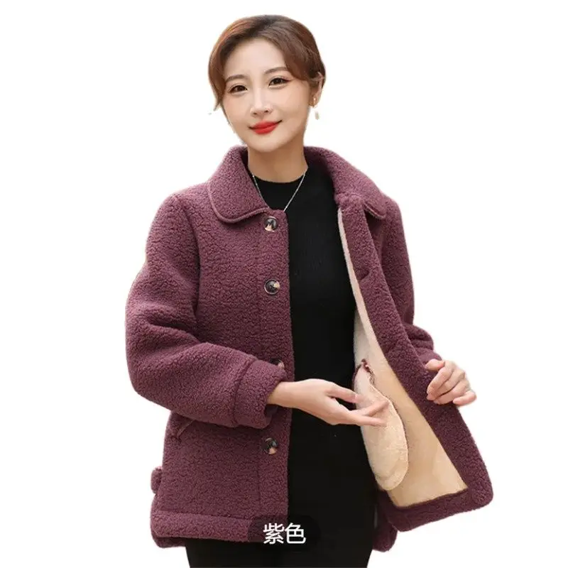 

Autumn Winter Lamb-Like Coat Women 2023 New Loose Pure Colour Single-Breasted Outerwear Turndown Collar Thicken Jackets Female