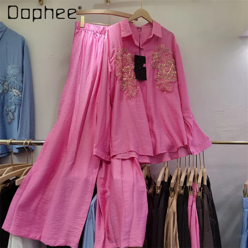 

Женский комплект из двух предметов: рубашка с длинным рукавом, вышивкой бисером и пайетками в стиле Heavy Industry, и повседневные широкие брюки для города