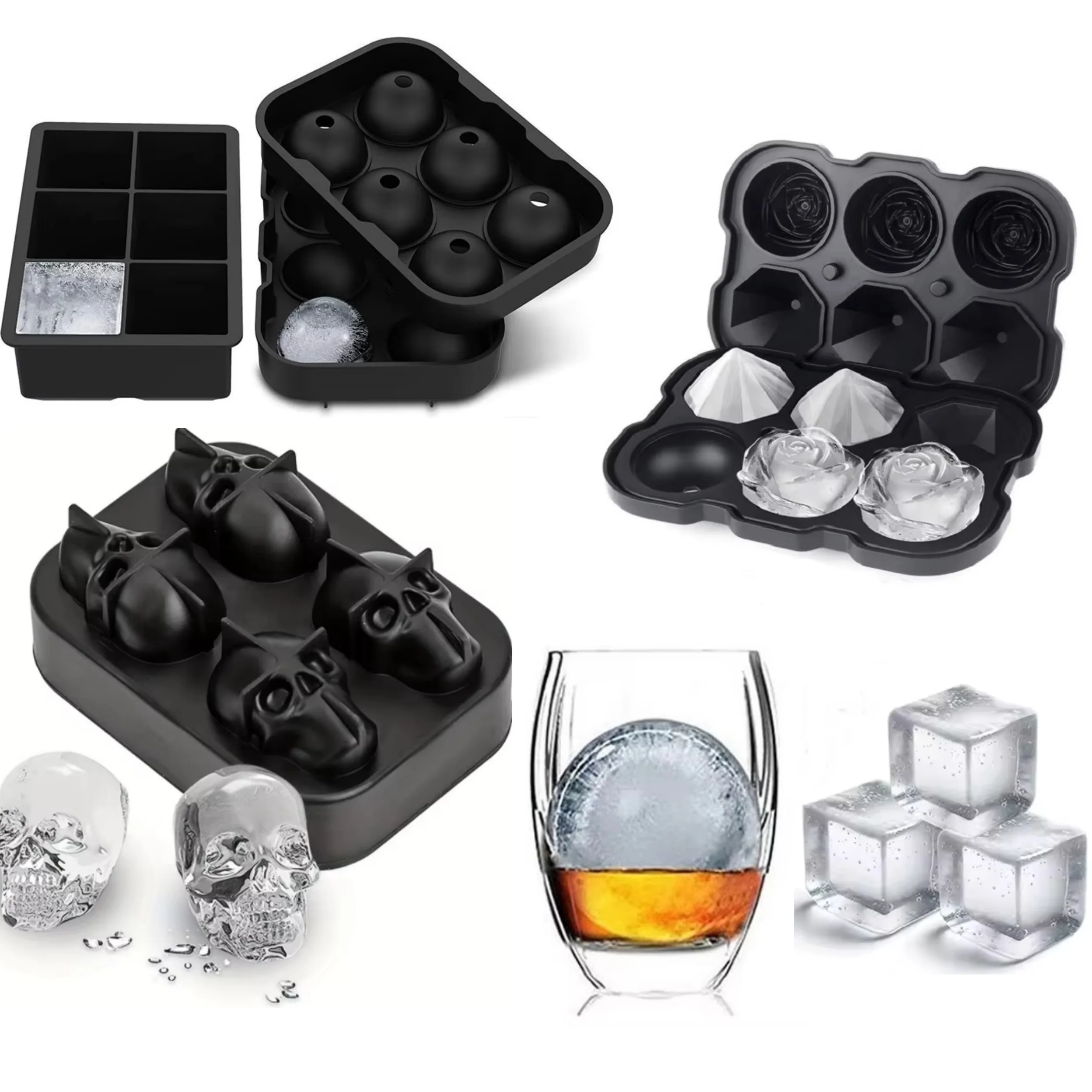 

3D Skull Ice Ball Mold Halloween Silicone Ice Cube Mold Tray Diamond Rose Flower Round Square Skull Shaped Ice Ball Cube Maker