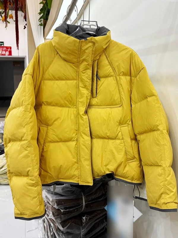 

Fashionable Yellow Short Cotton Jacket Women's Winter Warm Stand Collar Contrast Color Korean Style Versatile Trendy Outerwear