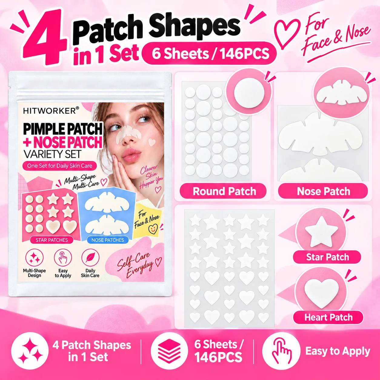 2/146/150PCS Hydrocolloid Pimple Patch & Nose Patch Set, Round Star Heart Multi Shape Face Patches, Daily Skin Care Kit