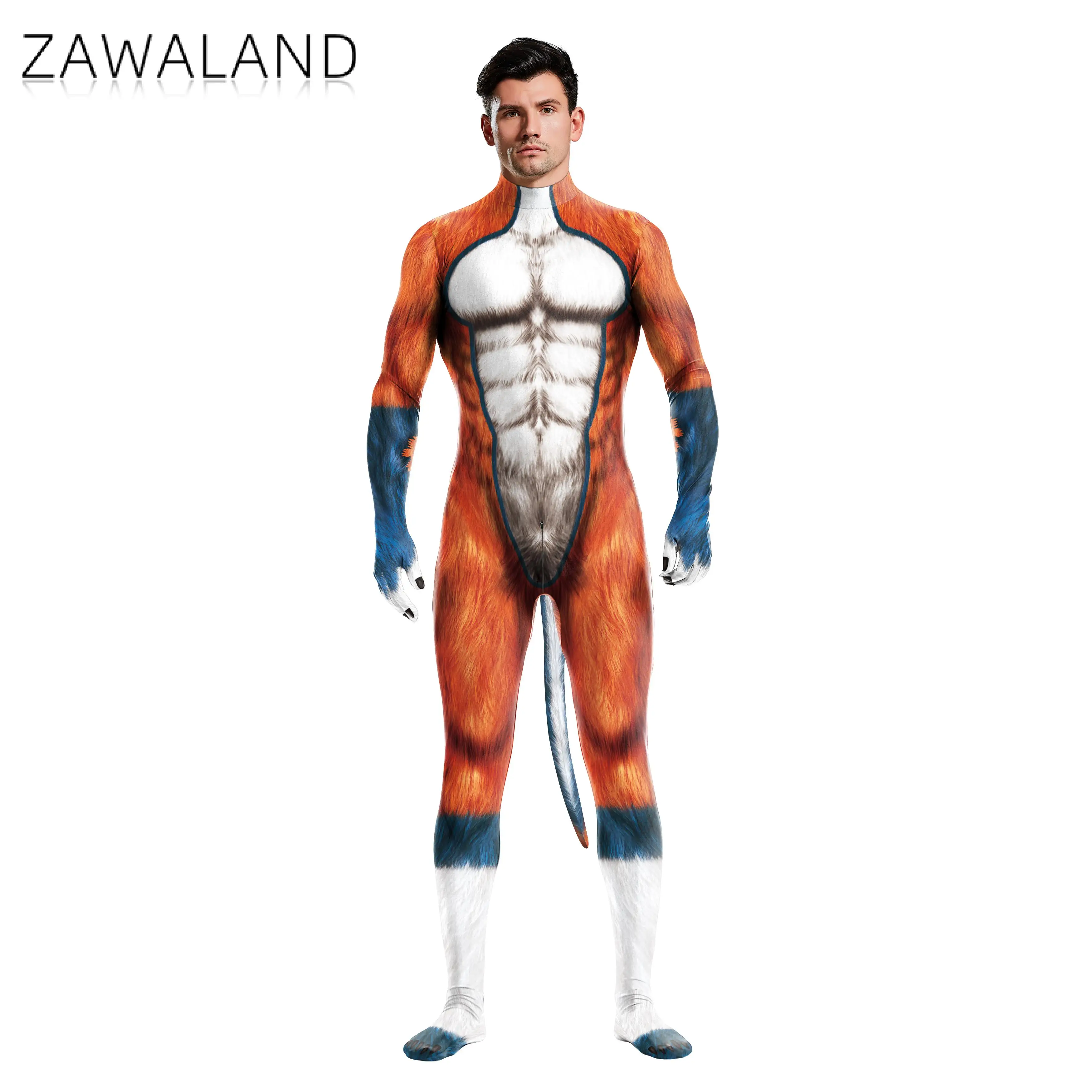 Zawaland Halloween Bodysuits Zentai with tail Animal Husky Fox wolf Printed Catsuit Costumes Full Cover Suit Cosplay Petsuit