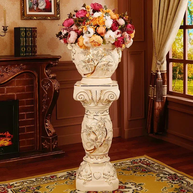 European Retro Ceramic Floor to Ceiling Large Vase for Living Room Dried Flower Arrangement Roman Column Home Decoration