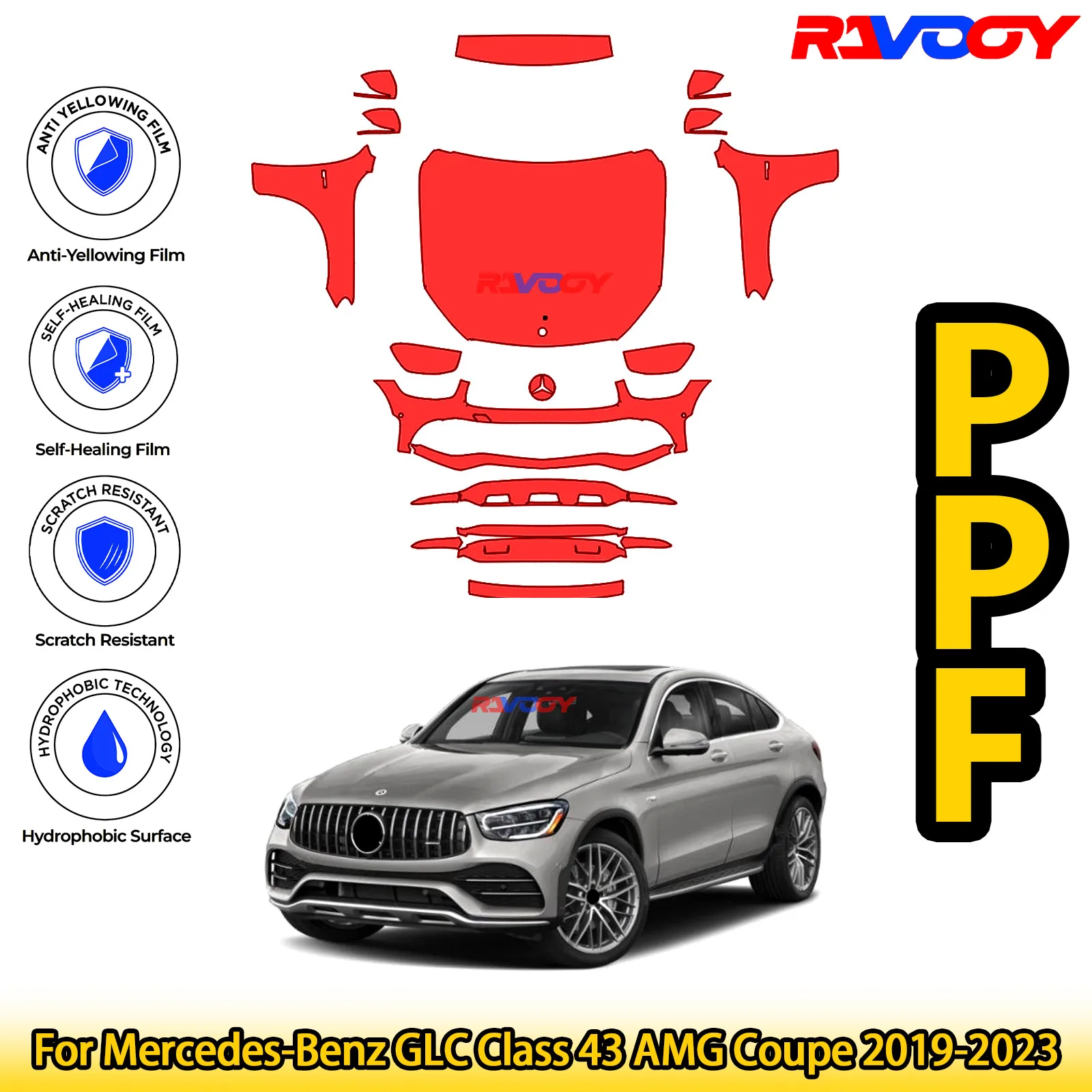 

Для Mercedes-Benz GLC Class 43 AMG Coupe 2019-2023, глянцевая матовая черная предварительно вырезанная передняя пленка PPF, комплект защиты от краски