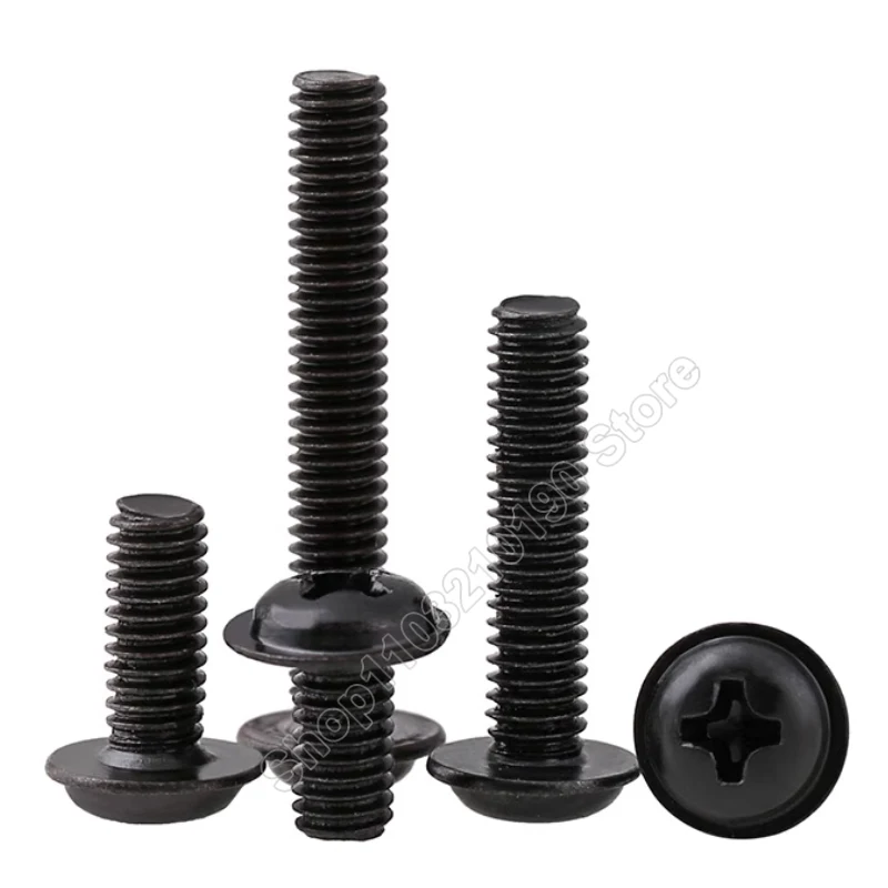 50/100/300 قطعة M2 M2.5 M3 M4 M5 صغيرة صغيرة سوداء الكربون الصلب الصليب فيليبس عموم رأس مستدير مع غسالة طوق وسادة مسامير البراغي