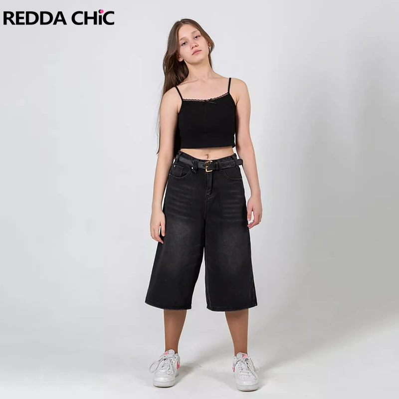 

REDDACHiC Boyfriend Black Jean Shorts Do Old Frayed Pockets Cleanfit Low Waist Casual Wide Bermuda Pants Retro Women Streetwear