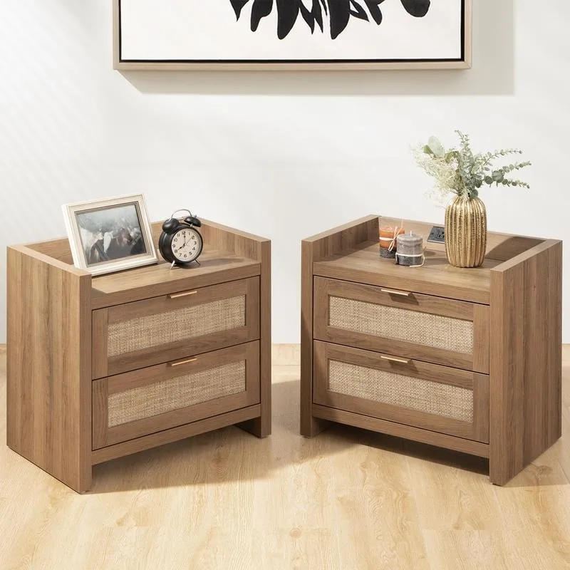 

Night Stand Set of 2 - Rattan Nightstands with Type-C Charging Station & 2 Rattan Drawers - Boho Bed Side End Table for Small Sk