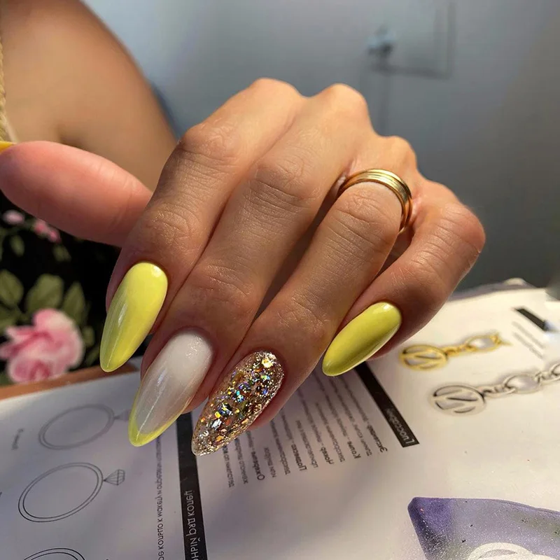 

24pcs Glossy Yellow Press-On Nails - Bold Solid Color With Gold Border Medium-Long Almond Ins-Glam Style