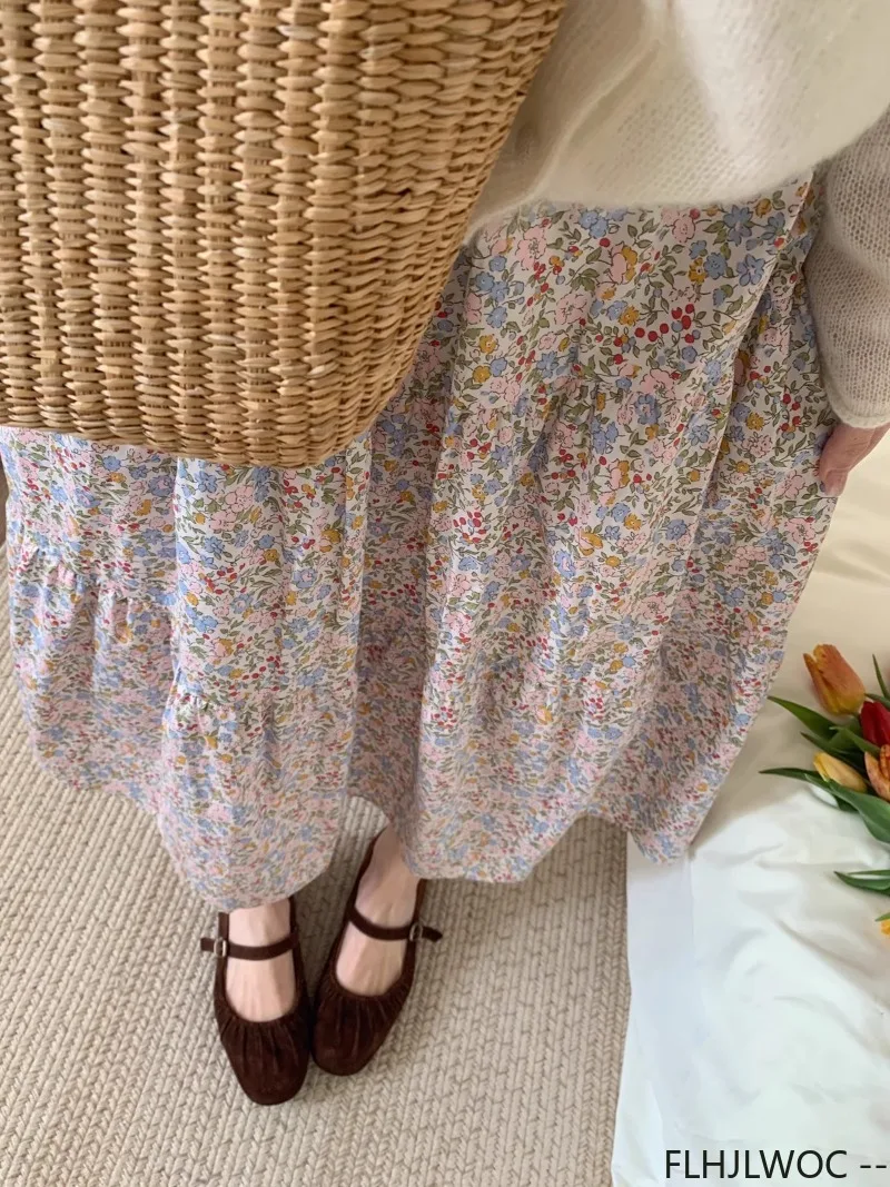 Village Rustic Country Style Cute Skirt New Design Women Sweet Japan Girls Holiday Date Retro Vintage Flower Floral Long Skirts