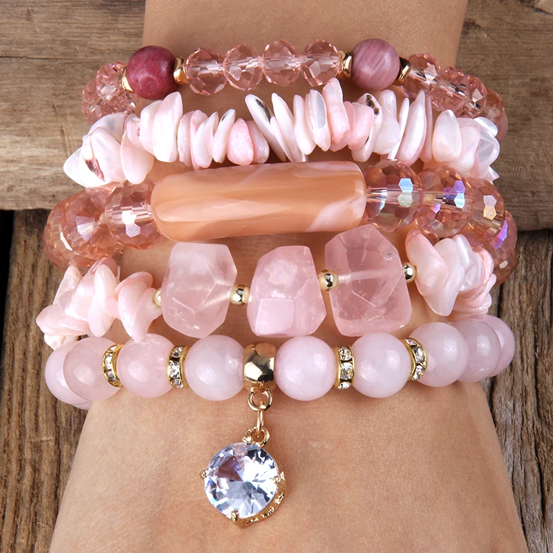 Fashion Bohemia Beaded Jewelry Drop Pendant 5pc Stack Beads Bracelets Set For Women Gift