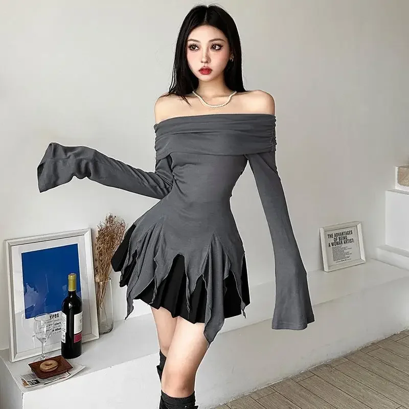 Irregular Gothic T-shirts Women Spring Hipster Vintage Fashion Y2k Solid Harajuku New Aesthetic Slash Neck Streetwear Punk Style