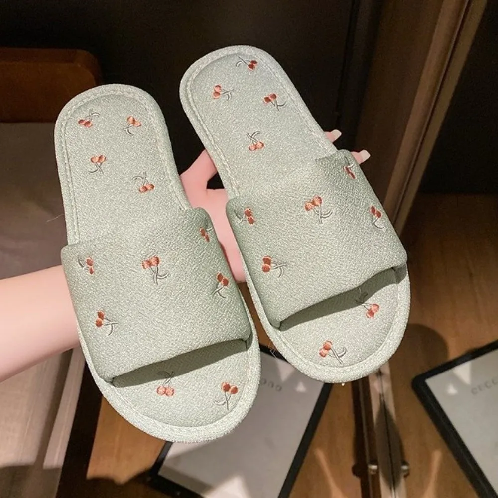 Cartoon Cherry Cotton Linen Slippers Cherry Flat Bottomed Korean Slides Sandals Anti Slip Platform Fruits Cherry Slippers Home