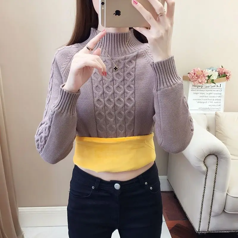 

Women Winter Thicken Plus Velvet Sweaters Casual Warm Knit Pullovers Korean Fleece Lined Knitwear Twist Bottomed Tops U1203