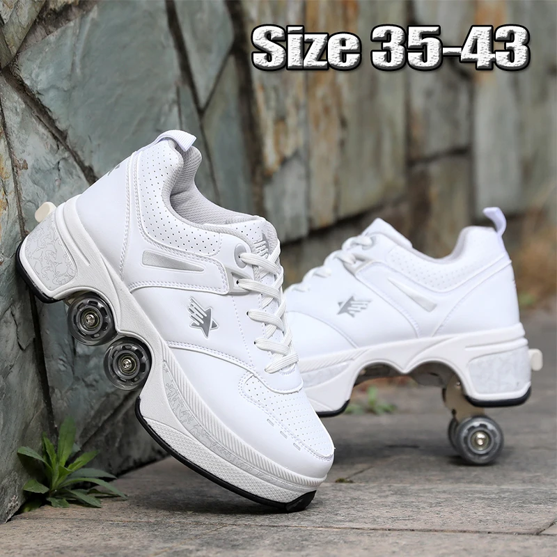 

Обувь для скейтбординга с четырьмя колесами для мальчиков и девочек, роликовые коньки для женщин и мужчин, прогулочные повседневные спортивные кроссовки, детские деформирующие роликовые коньки
