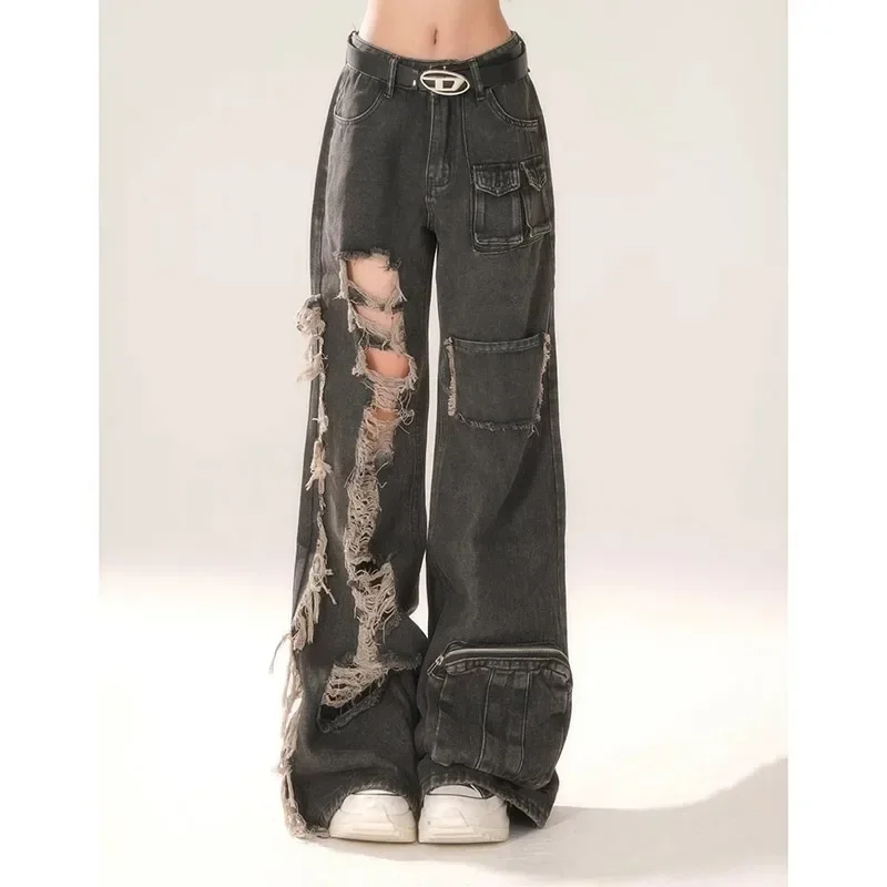 

High Waist Ripped Women's Black Jeans Hip-hop Style Fashion Vintage Streetwear Y2K Wide Leg Jean Trouser Baggy Denim Pants