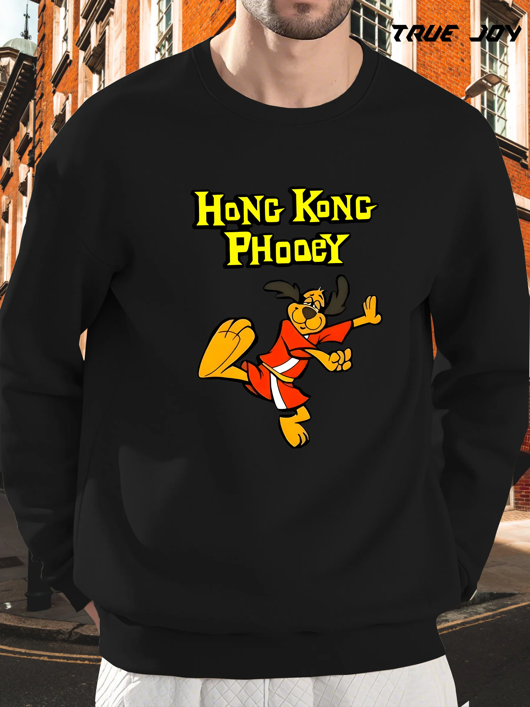 

Hong Kong Phooey Cartoon Graphic Men'S Sweatshirt - Black Long Sleeve Crewneck, Loose Fit, Comfortable & Casual