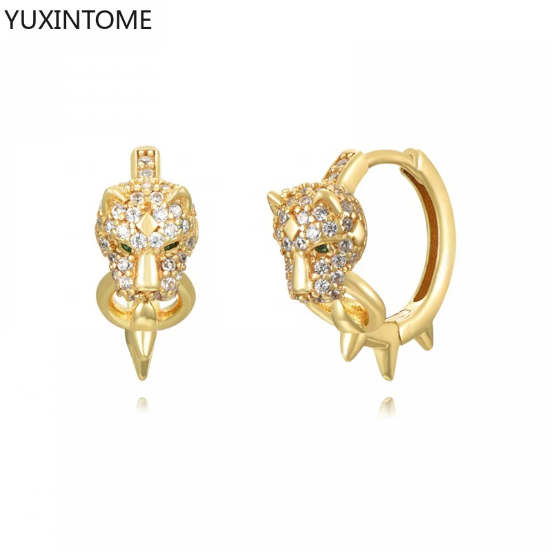 925 Sterling Silver Needle Leopard Head Crystal Hoop Earrings For
