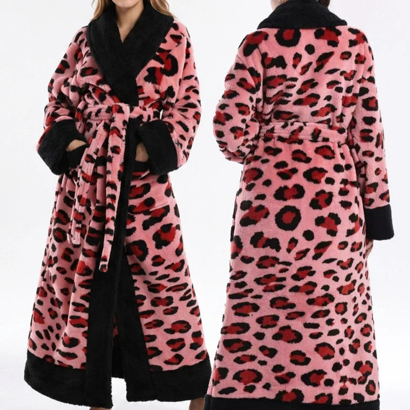 Female Robe Oversize Leopard Print Hooded Kimono Bathrobe Women Winter Warm Thick Homewear Sleepwear Loose Dressing Gown