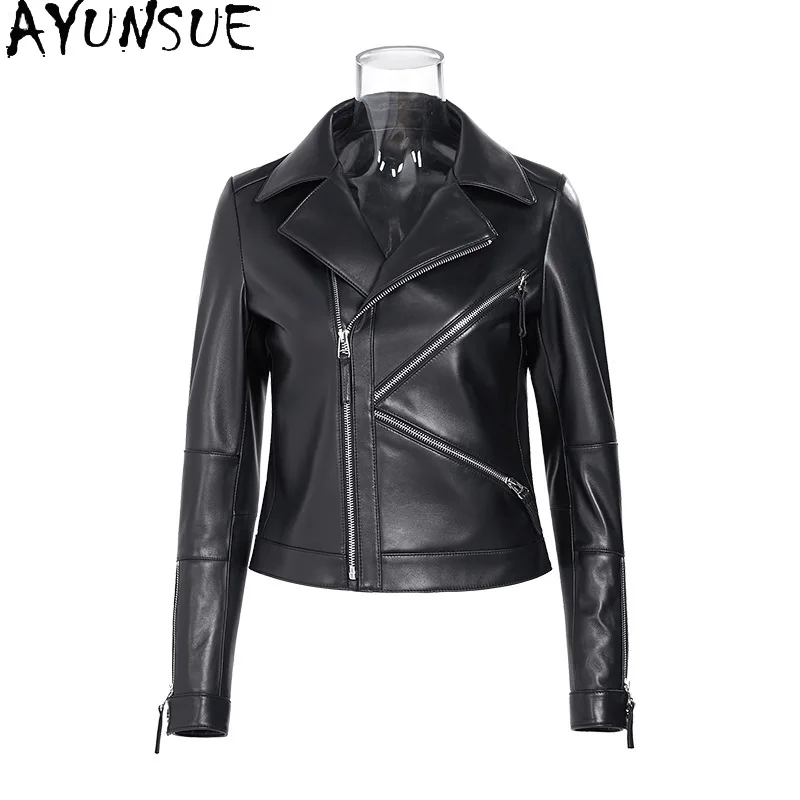 سترة من الجلد الطبيعي من جلد الغنم 100% من AYUNSUE معطف نسائي للدراجات النارية سترات نسائية سوداء ملابس ربيع الخريف ملابس Korsuха Жenška