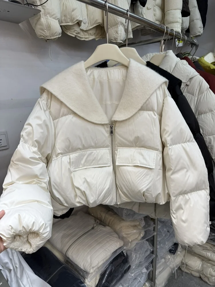 

Korean Style Short Quilted Woolen Patchwork down Jacket Women's Loose Slimming Warm White Duck down Outerwear Coat