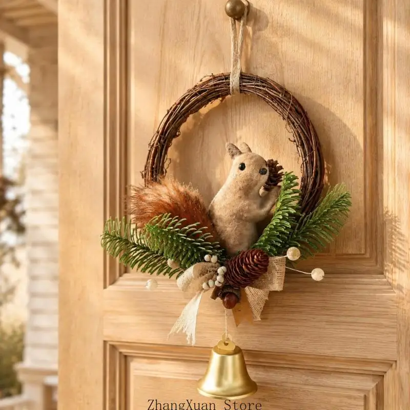 Christmas Squirrel Front Door Wreath with Bowknot and Pinecones Detail 3XUF