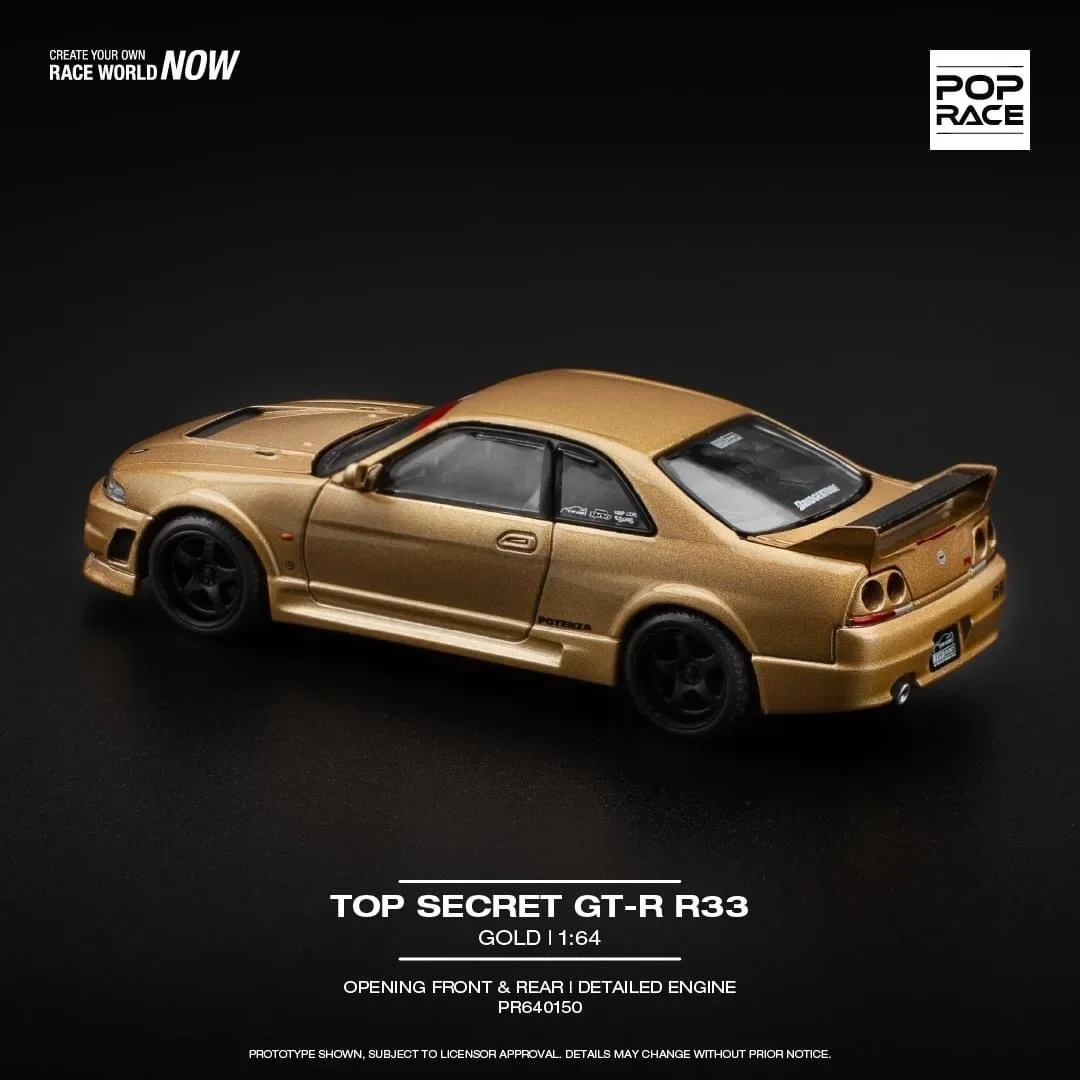 PreSale 1:64 POP Race Top Secret Skyline GTR R33 Gold 400R Openable Hood Diecast Diorama Car Model Toy