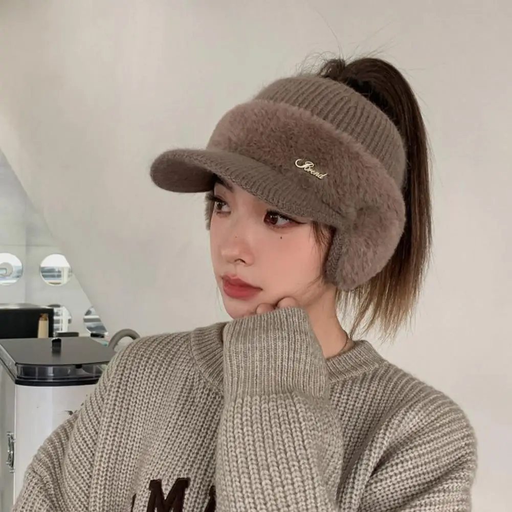 Cold Weather Hat Stylish Women\'s Winter Knit Baseball Hat with Earflap Ponytail Design for Outdoor Sports Windproof Warmth