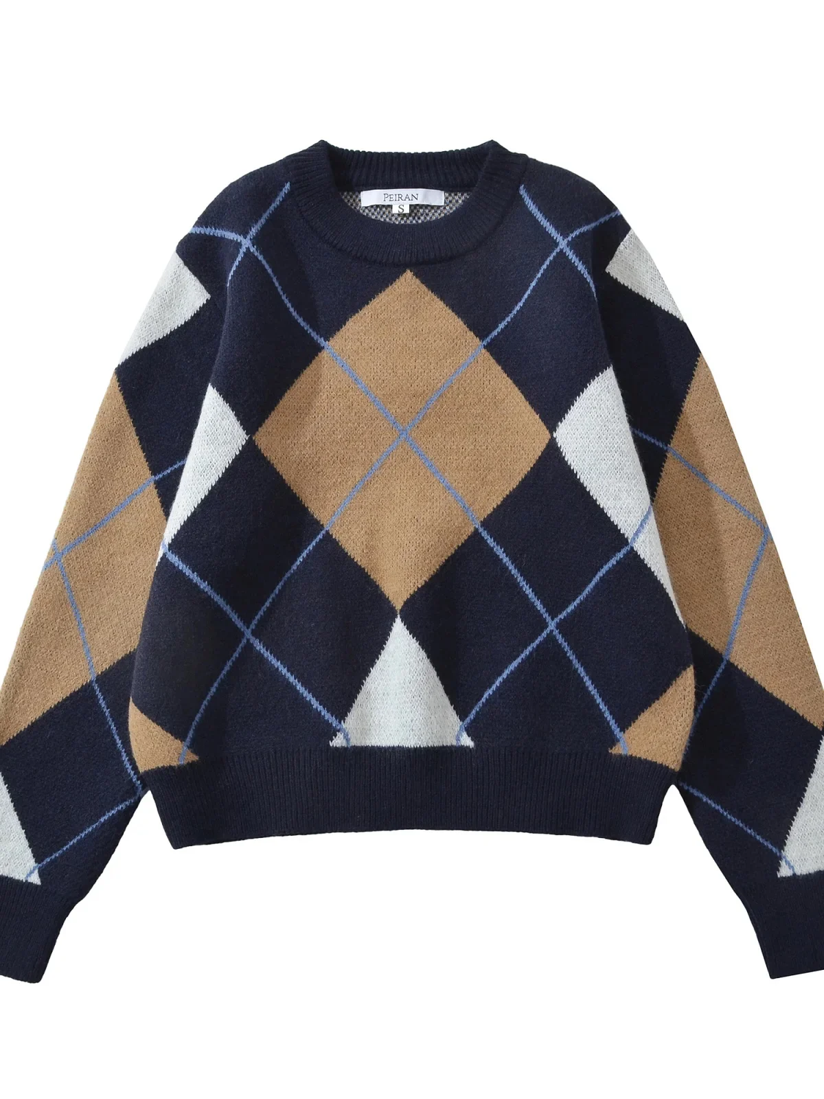 

Retro Loose Knitted Long Sve round Ne Casual Sweater Women's College Sle Diamond id Pattern Warm Daily Wear Top